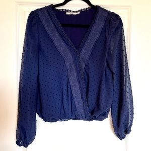 Francesca’s Long Sleeve Lace Wrap Top, Blue